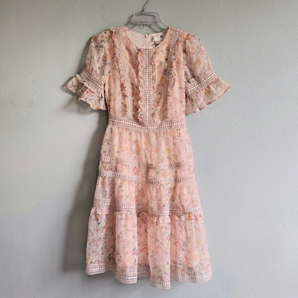 Rachel Parcell Pink Floral Short Bell Sleeves Chiffon Midi Dress Size XS